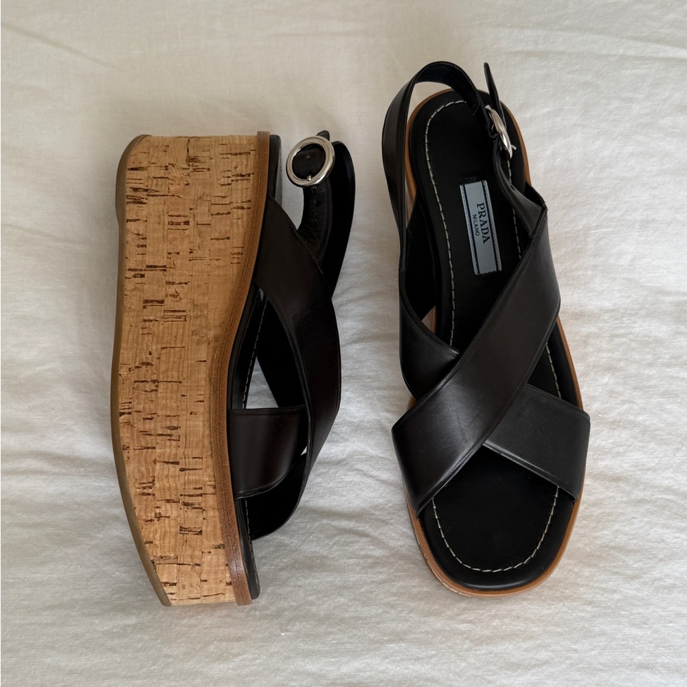 PRADA Wedge Sandal size 37.5 - Black w/ Cork Sole